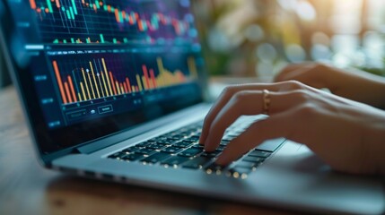 Aufkleber - A close-up of hands typing on a laptop keyboard with financial graphs and charts displayed on the screen.