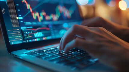 Aufkleber - A close-up of hands typing on a laptop keyboard with financial graphs and charts displayed on the screen.