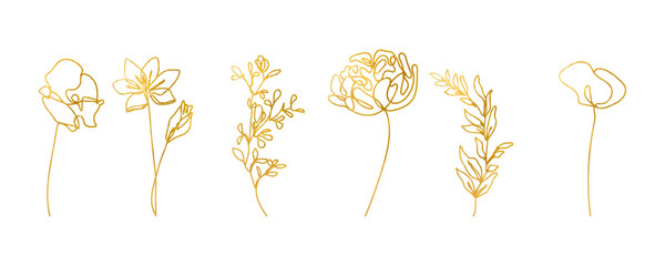 Set of golden floral elements. Flower and gold leaves. Wedding concept - flowers. Floral poster, invite. Vector arrangements for greeting card or invitation design