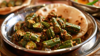 Wall Mural - A detailed view of a delicious plate of bhindi masala (spicy okra) with fresh chapatis on the side