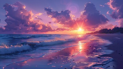 Wall Mural - A digital painting of a peaceful beach at sunrise.