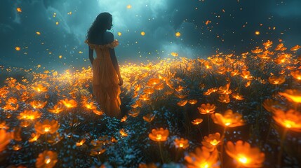 Wall Mural - A peaceful figure standing in a field of glowing flowers.
