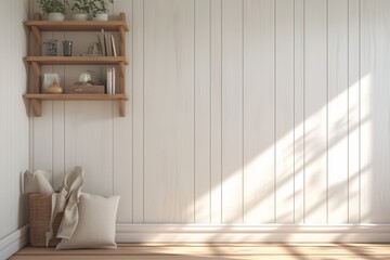 white wood plank wall decorated with wooden shelves