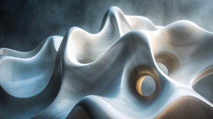 Wall Mural - Abstract sculpture with fluid curves and holes, soft lighting.