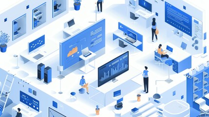 Isometric illustration of a modern office space with people working on computers.