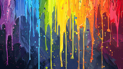 Wall Mural - Paint splashes in rainbow colors dripping texture background. Generative AI.