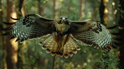 Flying bird of prey, Red-tailed hawk, Buteo jamaicensis, landing in the forest. Wildlife scene from nature. Animal in the habitat. Bird with open wings