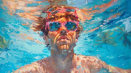 Wall Mural - swimming in the pool, man with long wavy red hair wearing a pink and blue pastel neon suit floating underwater, which in Generate AI