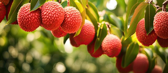 Ripe lychee fruits dangle enticingly on the tree in the garden creating a picturesque scene with copy space image