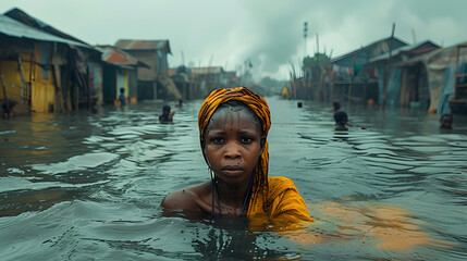 The sorrow of an African woman amid rising sea levels, this powerful photo showcases the devastating effects of climate change. The image underscores the urgent need for global awareness and action.