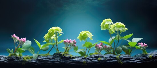 Poster - In nature a plant with hortensia sprouts grows creating an idyllic copy space image