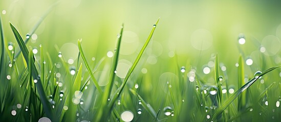 Canvas Print - Natural background showcasing fresh green grass with dew drops offering copy space image