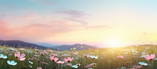 Wall Mural - Evening setting with a flower filled grass field and an empty space for text or image insertion. Copy space image. Place for adding text and design