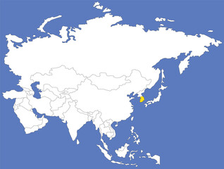  Highlighted yellow map of SOUTH KOREA inside white political map of Asia using orthographic projection on dark blue background