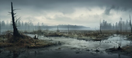 Wall Mural - On a cloudy winter day in the swamp water is raised high. Copy space image. Place for adding text and design