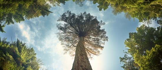 Sticker - view from the ground of a tall cypress tree with ample copy space image