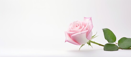 Wall Mural - White background featuring a pink and white rose with copy space image