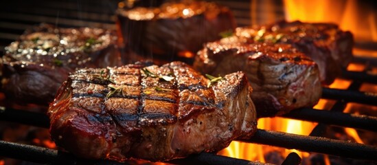 Wall Mural - Steaks being grilled on a fiery grill and captured with selective focus in a copy space image