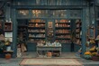 © DachAI - An inviting vintage-style apothecary shop front with an array of products and plants against a moody backdrop