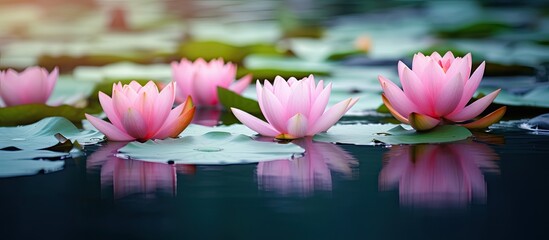 Wall Mural - Pink lotus flowers floating in a pond with water lilies providing a serene and picturesque setting in a copy space image