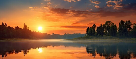 Poster - Scenic sunset over the river with orange sun trees lining the bank and distant smoke on the horizon in a tranquil landscape ideal for a copy space image