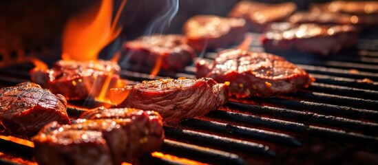 Wall Mural - Barbecue cooking with fresh raw meat pieces on a grill grate in a close up shot with selective focus ideal for copy space image