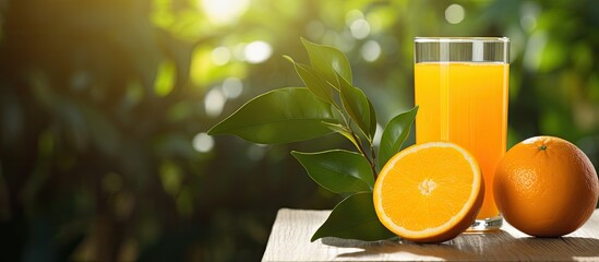 Wall Mural - Bright orange and a glass of fresh orange juice with a leaf on a wooden table under sunlight offering a soft focus in a copy space image