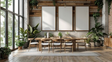 Wall Mural - Blank inspired dining room with a wooden table minimalist chairs and subtle wall art