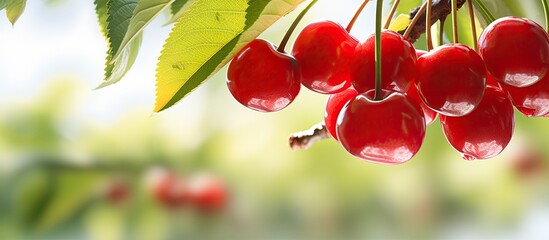 Wall Mural - detailed shot of ripe red cherries on a tree with a copyspace image