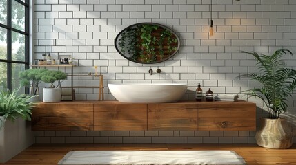 Wall Mural - Blank style bathroom design with clean lines white tiles and a floating vanity