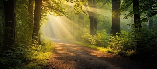 Wall Mural - A forest path illuminated by sun rays with a copy space image