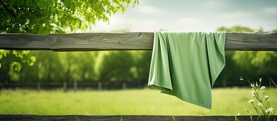 Wall Mural - Cloth left on a fence with copy space image of green grass in the background