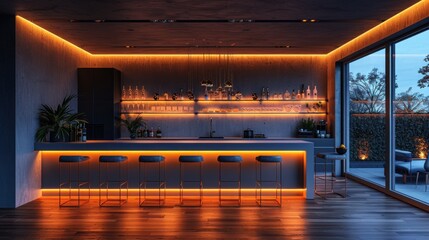 Wall Mural - Blank inspired home bar with sleek countertops minimalist stools and subtle lighting