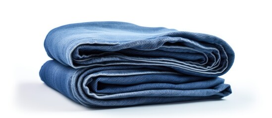 Wall Mural - A set of three folded blue jeans arranged on a white background providing ample copy space for the image