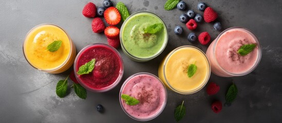 Sticker - Assorted fresh fruit smoothies displayed on a concrete surface from a top view with copy space image