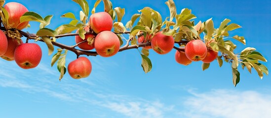 Wall Mural - apple tree branch with ripe apples against a blue sky background perfect for copy space image