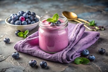 Wall Mural - A healthy, healthy breakfast. Homemade blueberry yogurt with fresh blueberries, vintage spoon and towel on a stylish gray background.