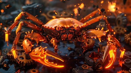 Wall Mural - a vibrant crab perched on a set of rusty gears, symbolizing the rust programming language concept, b