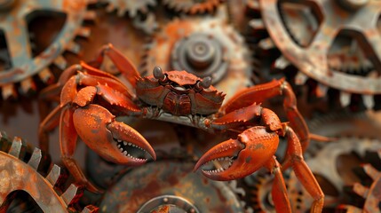 Wall Mural - crab on a set of rusty gears, symbolizing the rust programming language concept, blending nature wit