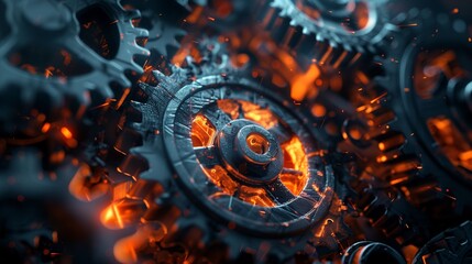 Wall Mural - the rust programming language concept, featuring dark, rusty interlocking gears illuminated by vibra