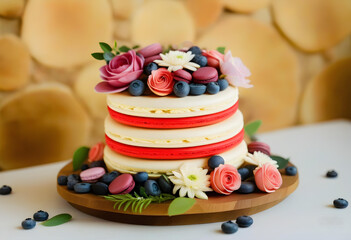 Wall Mural - A close-up of a wedding cake with flowers, macarons, and blueberries as decoration