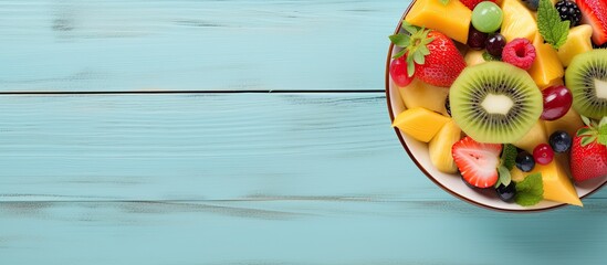 Wall Mural - Top view of a delectable fruit salad displayed on a light blue wooden table with ample copy space image