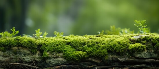 Wall Mural - Close up texture of green moss on forest ground with tree bark turf foliage and lichen creating a detailed macro backdrop with a copy space image