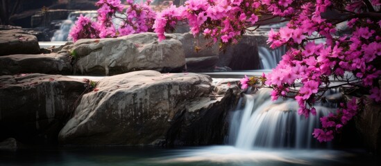 Canvas Print - A detailed shot of pink flowers blossoming next to a cascading waterfall in a picturesque natural setting perfect for a copy space image