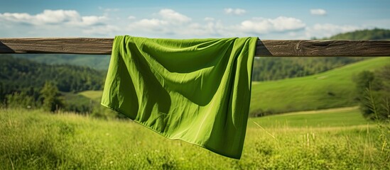 Wall Mural - Cloth left on a fence with copy space image of green grass in the background