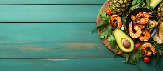 Wall Mural - Top view of a vibrant Caribbean meal with grilled pineapple shrimp lobster skewers avocado and greens on a turquoise wooden backdrop with copy space image