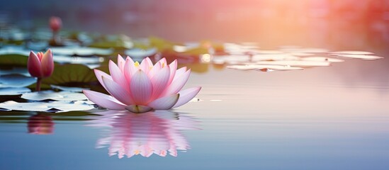 Wall Mural - In the morning a beautiful pink lotus flower is blooming on a pond with a serene setting and clear water creating a picturesque copy space image