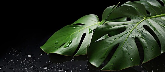 Wall Mural - tropical monstera plant leaves on black background with dew showing young green leaves and copy spac