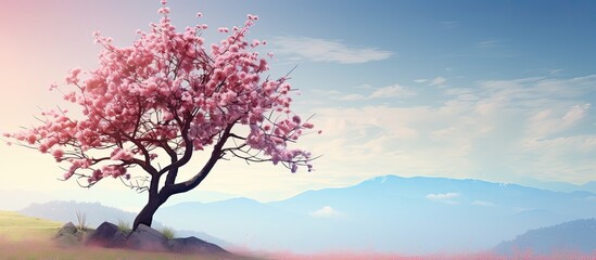 Spring background featuring a blooming tree with a scenic nature backdrop and space for text or other elements in the image. Copy space image. Place for adding text and design