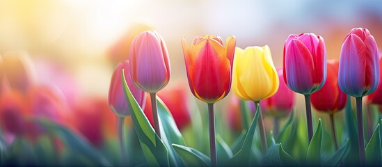 Sticker - A vibrant tulip flower set against a green leaf backdrop in a winter tulip field creates an agricultural concept design with a copy space image depicting a colorful meadow of tulips in spring captured